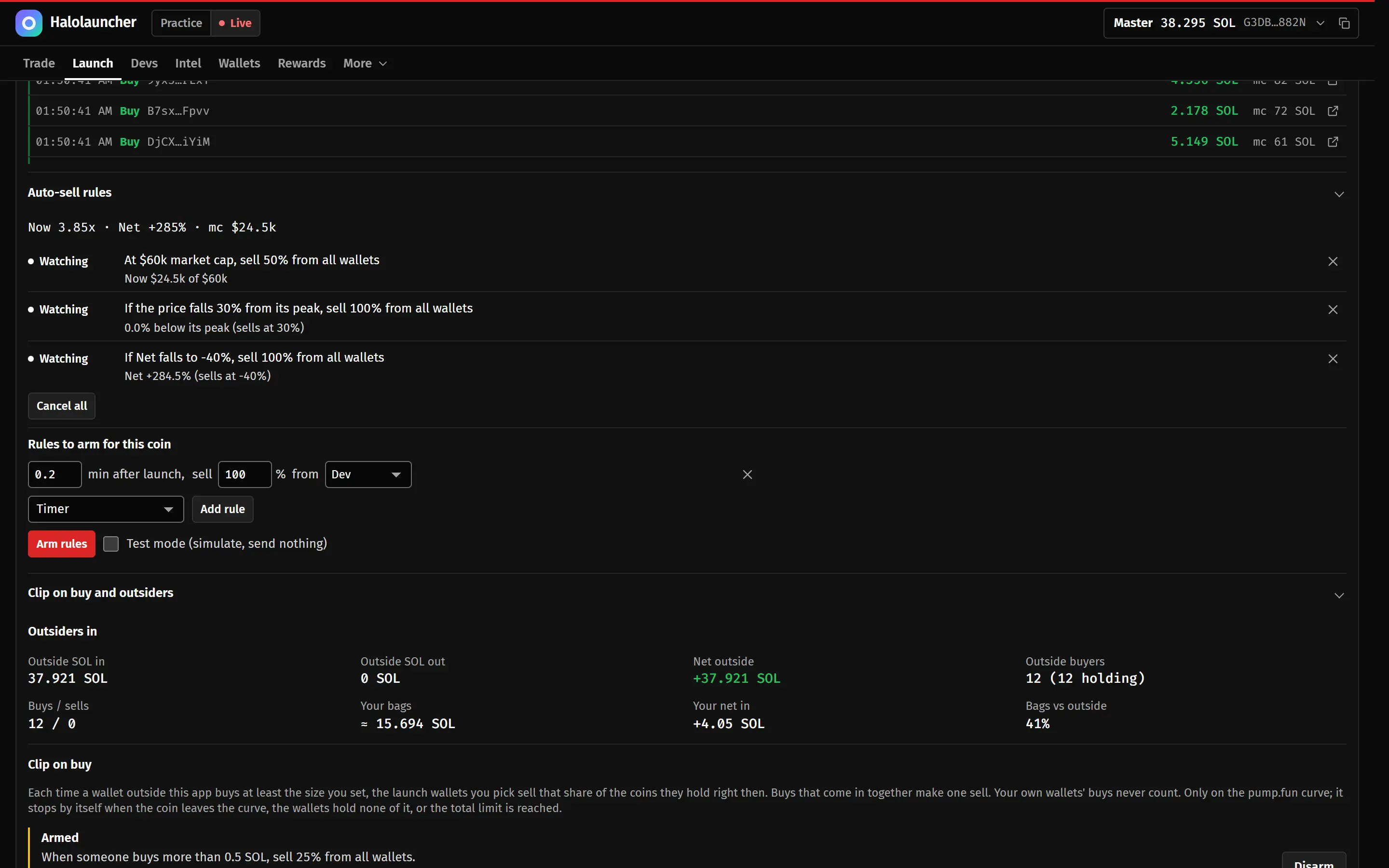 Auto-sell rules watching Halo Cat, outside buyers adding 37.9 SOL, and Clip on buy armed.