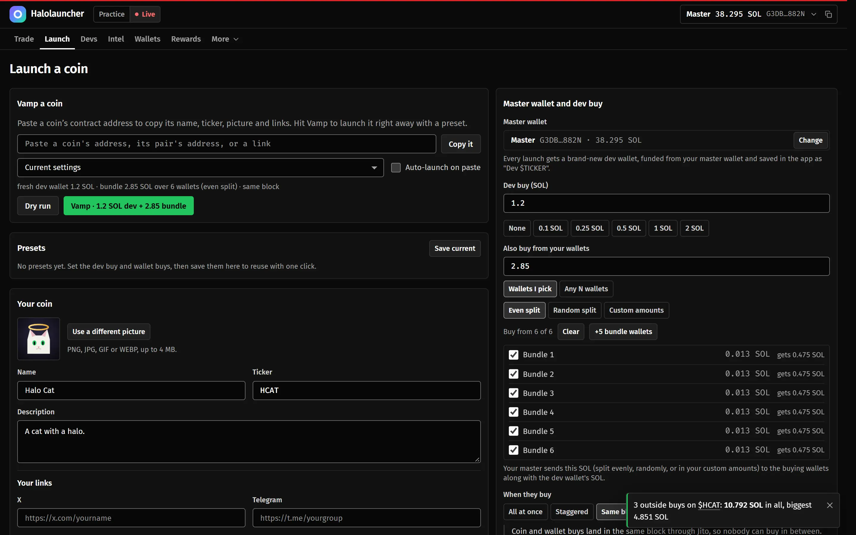 The Launch screen: a coin named Halo Cat with a 1.2 SOL dev buy, six wallets buying 0.475 SOL each, and Same block picked.