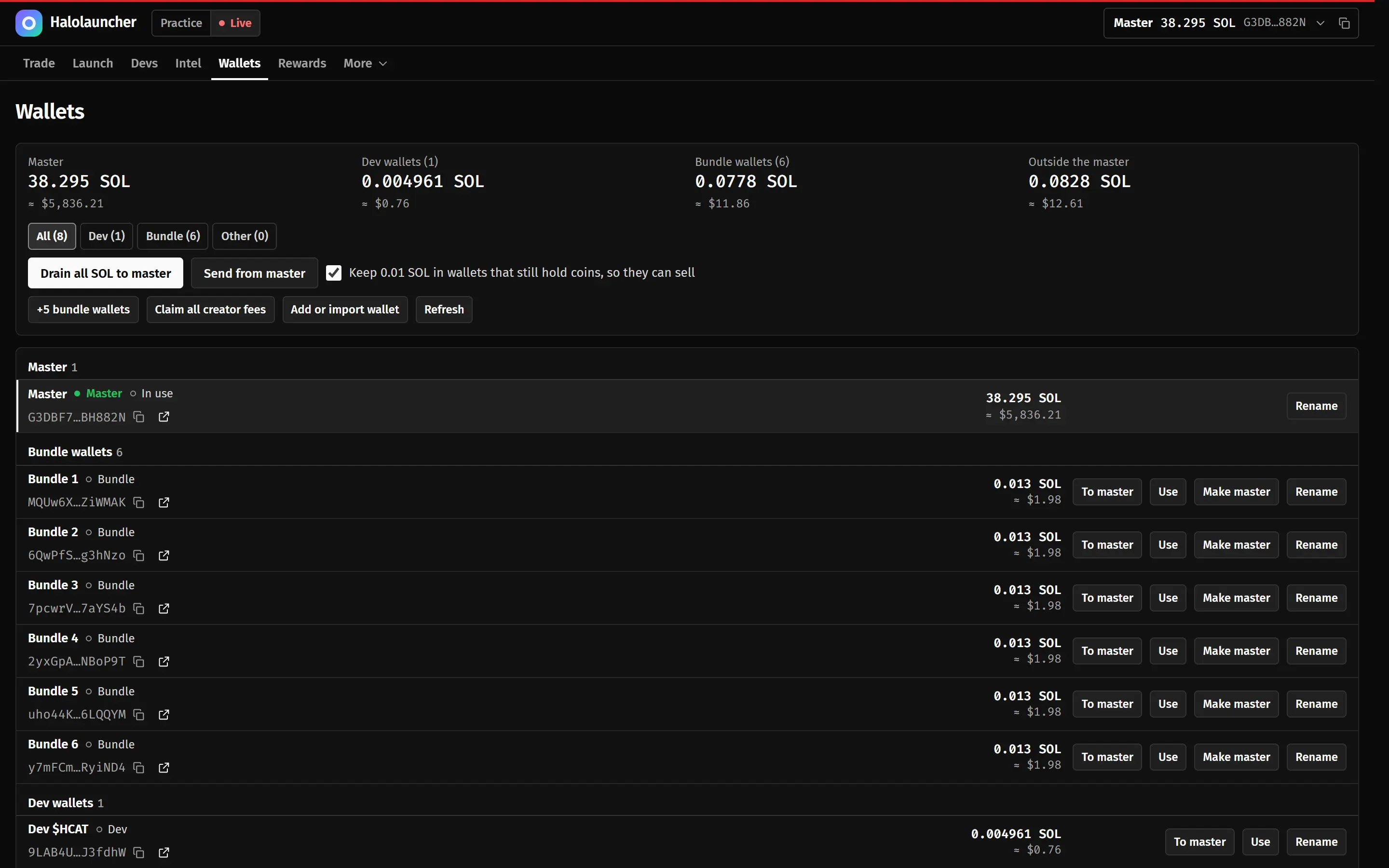 The Wallets screen: the master wallet with 38.3 SOL, six bundle wallets and the dev wallet.